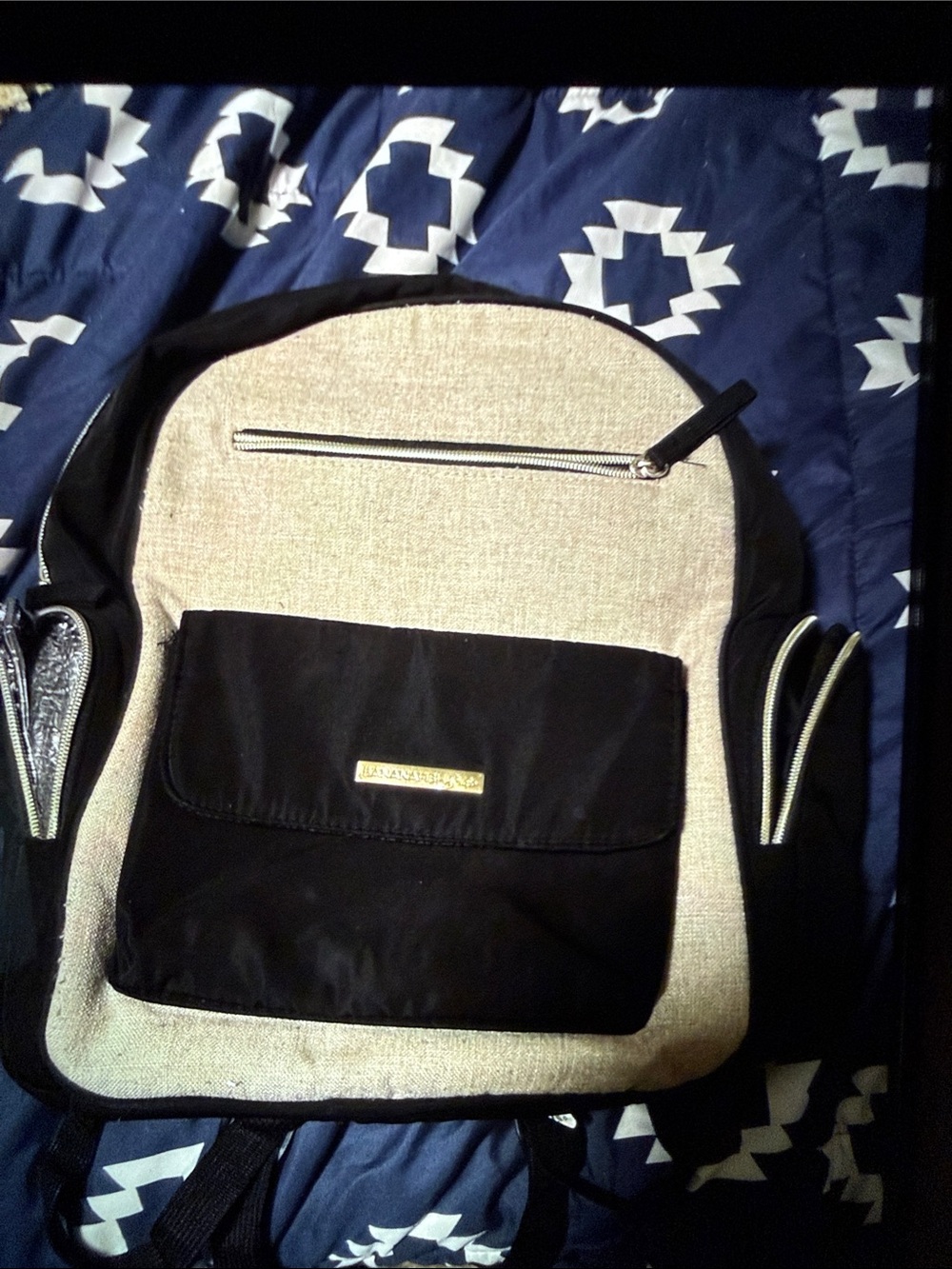 Black and Beige Diaper Bag with Front Pocket
